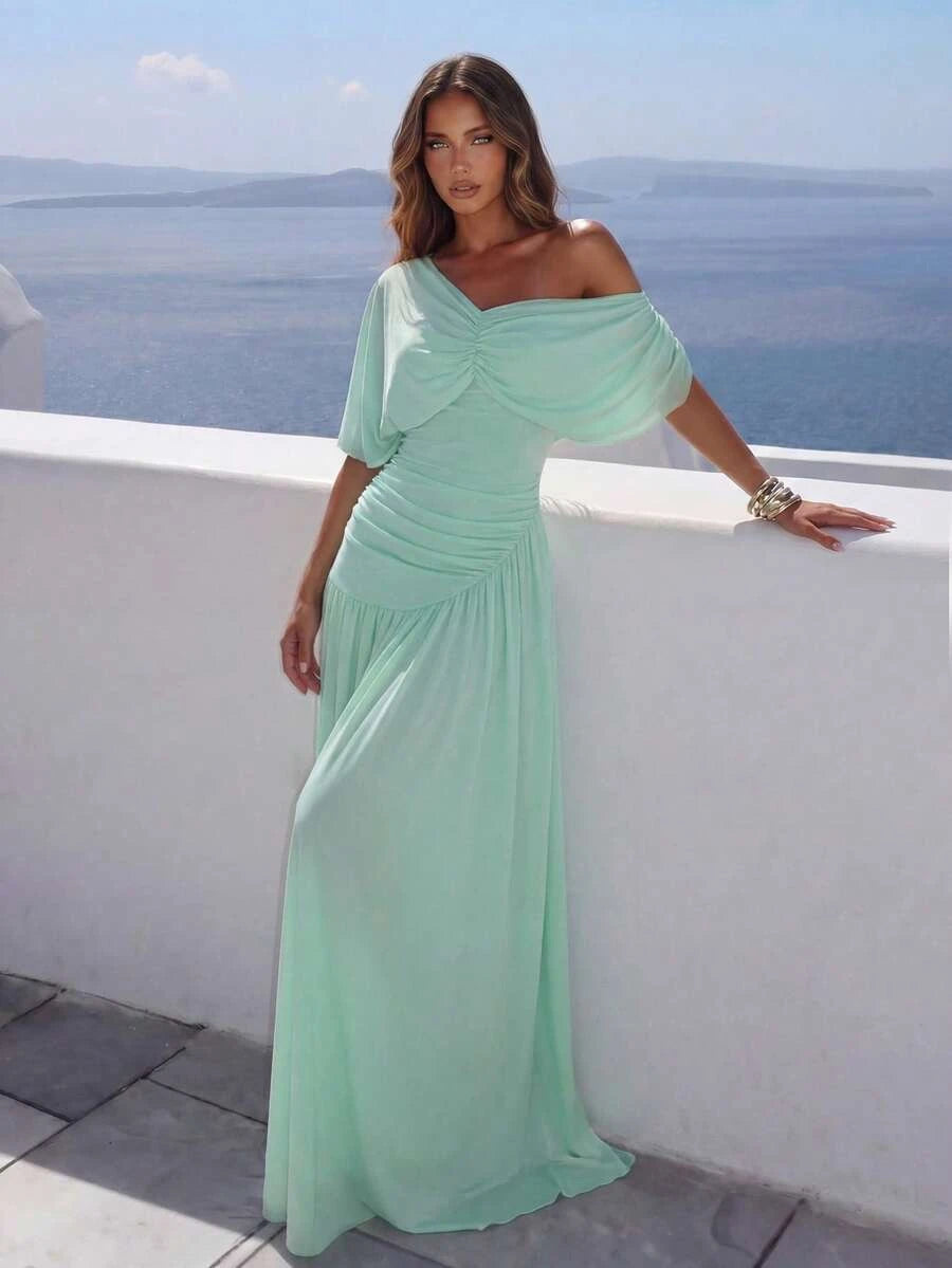 Romantic A-Line One-Shoulder Cap Sleeve Ruched Mesh Mint Green Floor-Length Prom Dress