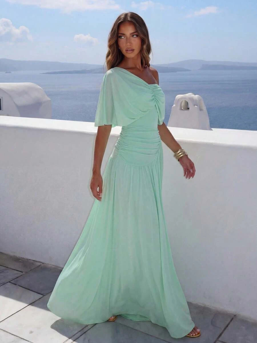 Romantic A-Line One-Shoulder Cap Sleeve Ruched Mesh Mint Green Floor-Length Prom Dress