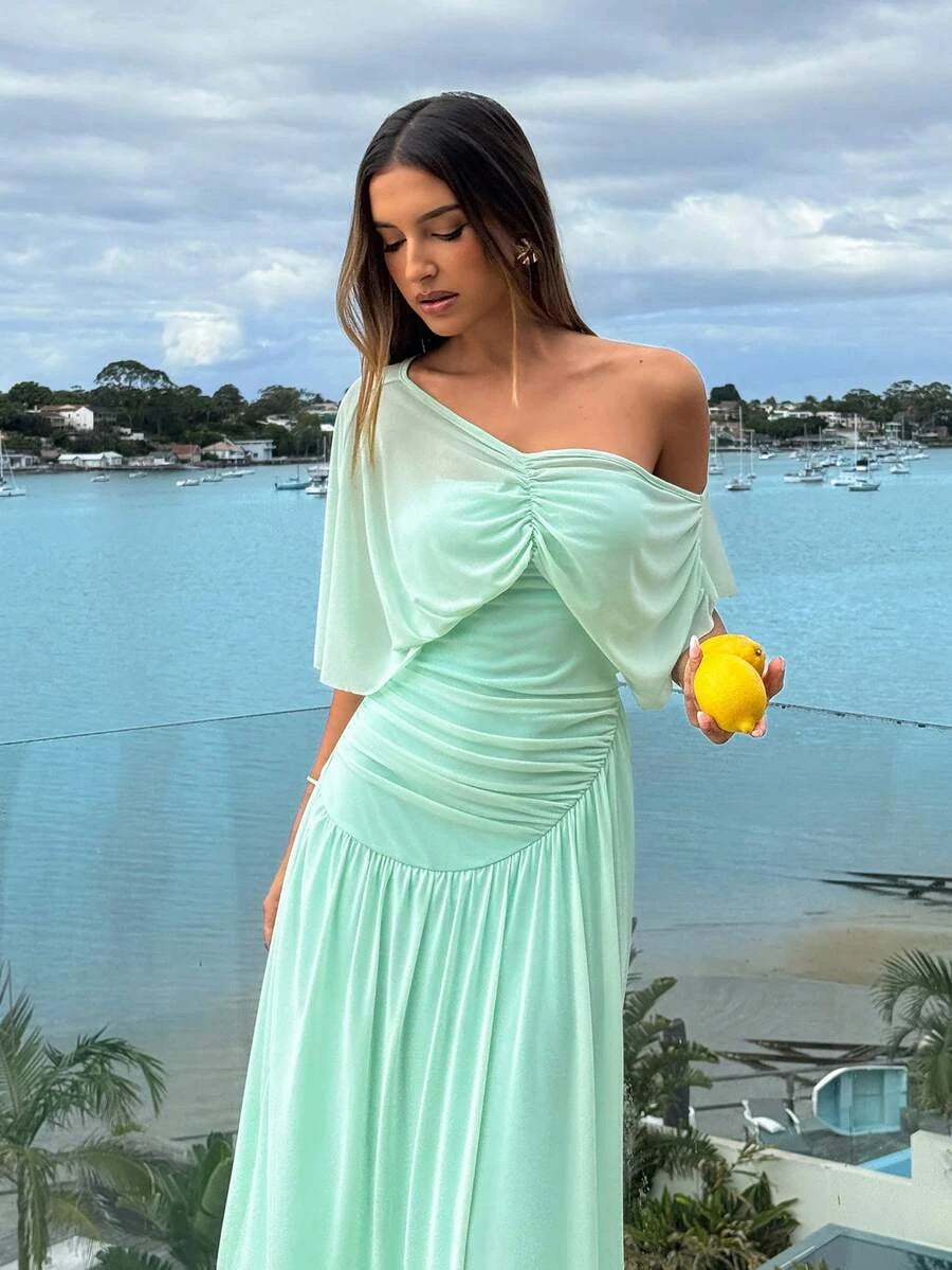Romantic A-Line One-Shoulder Cap Sleeve Ruched Mesh Mint Green Floor-Length Prom Dress