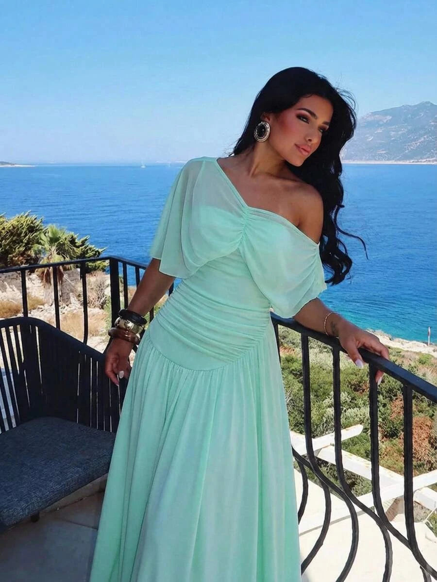Romantic A-Line One-Shoulder Cap Sleeve Ruched Mesh Mint Green Floor-Length Prom Dress