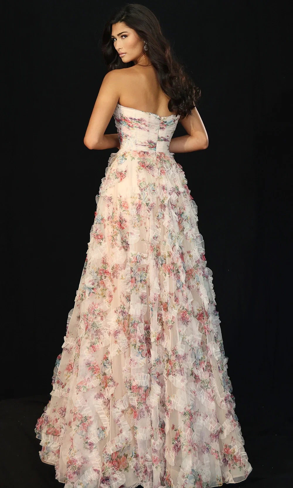 Romantic A-Line Strapless Layered Ruffled Floral Print Organza Floor-Length Prom Dress