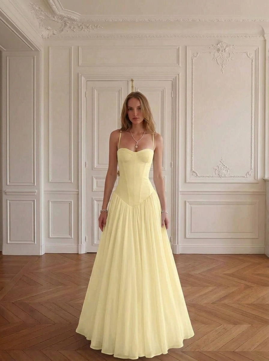 Romantic A-Line Sweetheart Corset Flowy Light Yellow Floor-Length Prom Dress