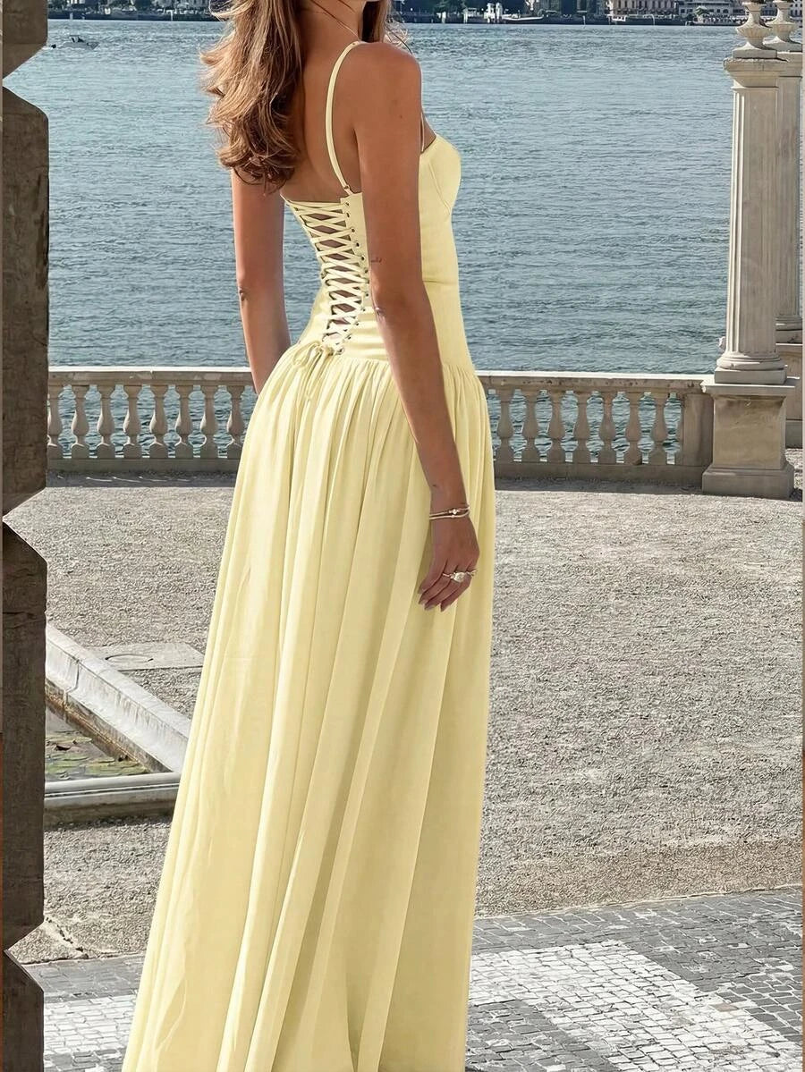 Romantic A-Line Sweetheart Corset Flowy Light Yellow Floor-Length Prom Dress