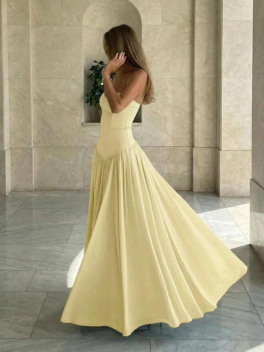 Romantic A-Line Sweetheart Corset Flowy Light Yellow Floor-Length Prom Dress