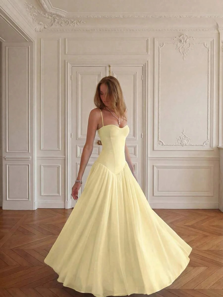 Romantic A-Line Sweetheart Corset Flowy Light Yellow Floor-Length Prom Dress