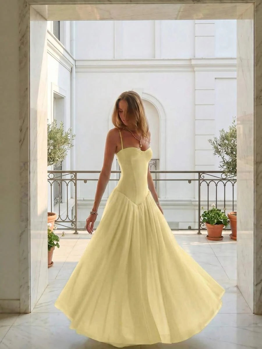 Romantic A-Line Sweetheart Corset Flowy Light Yellow Floor-Length Prom Dress