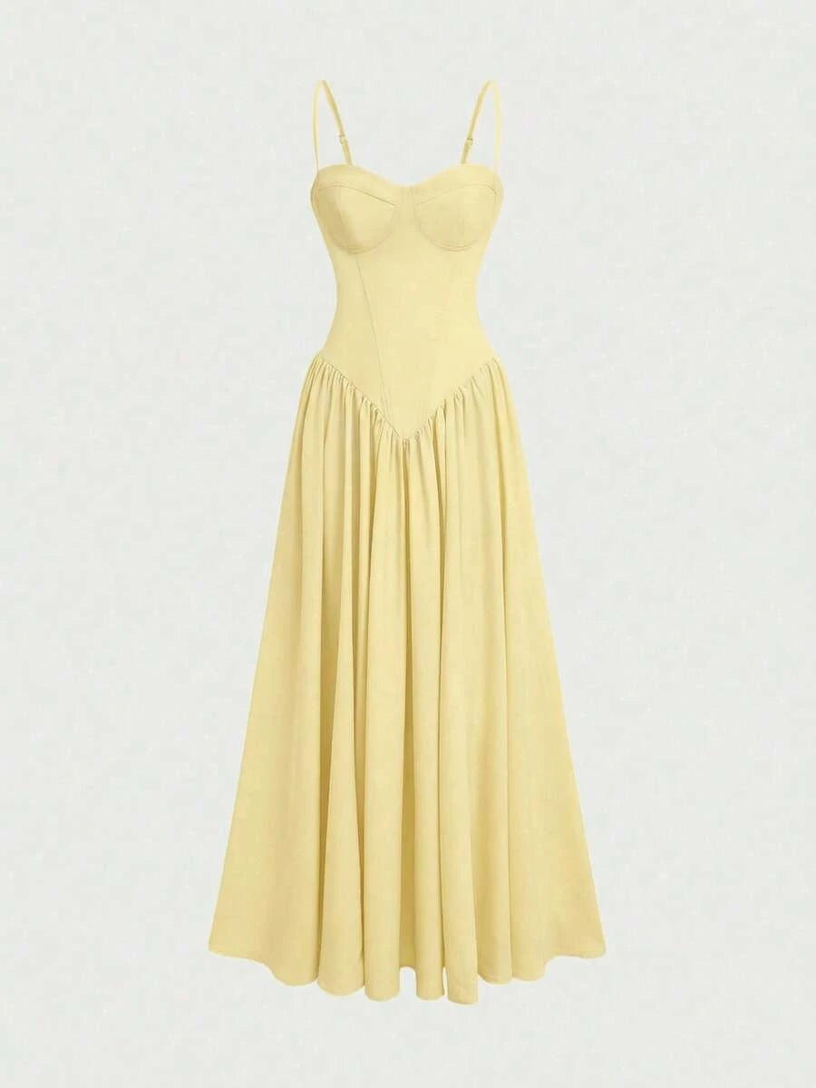 Romantic A-Line Sweetheart Corset Flowy Light Yellow Floor-Length Prom Dress