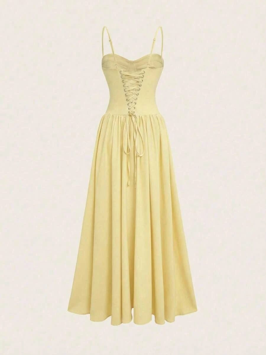 Romantic A-Line Sweetheart Corset Flowy Light Yellow Floor-Length Prom Dress