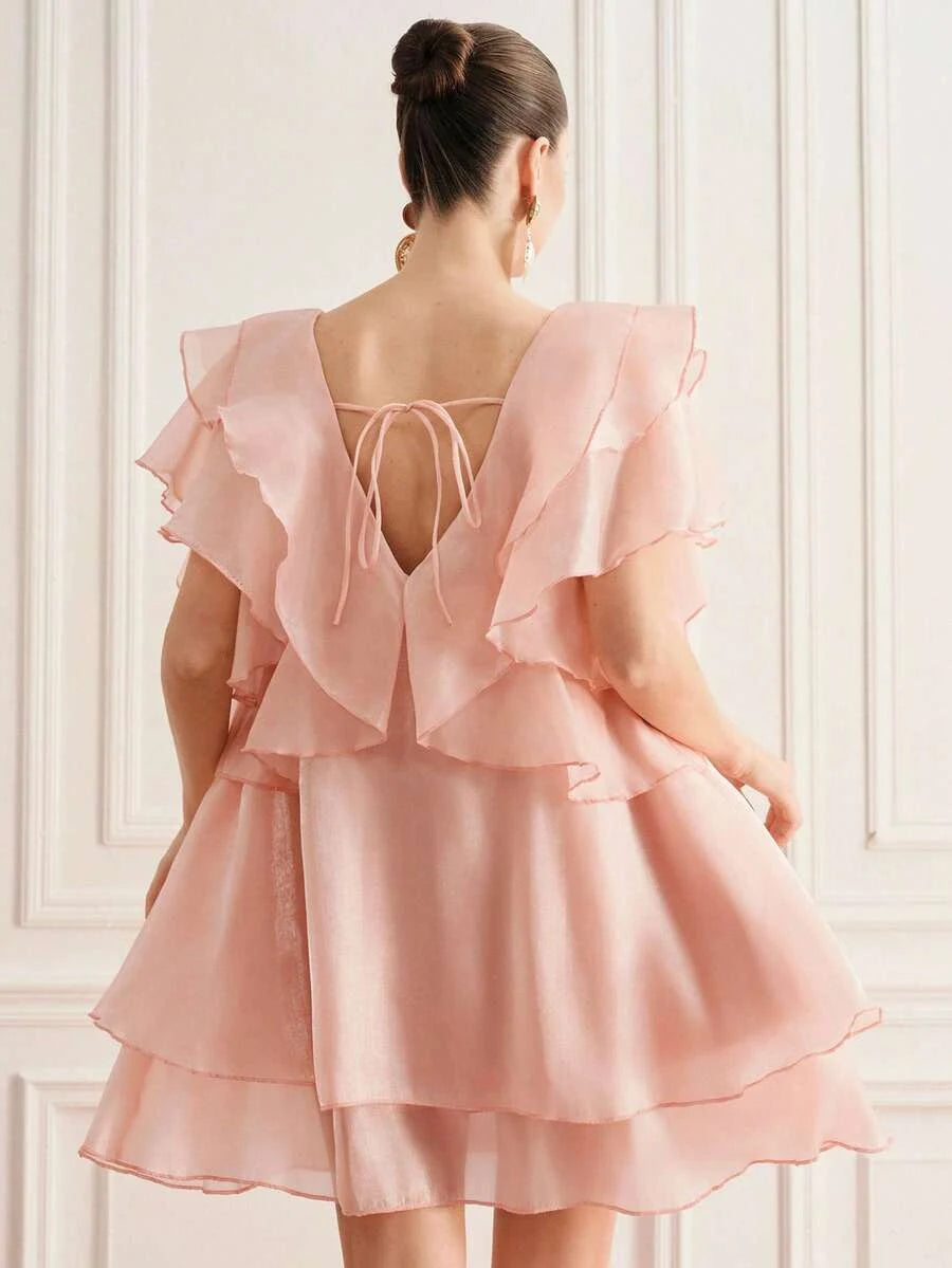 Romantic A-Line V-Neck Ruffle Sleeve Tiered Flowy Pink Short Homecoming Dress