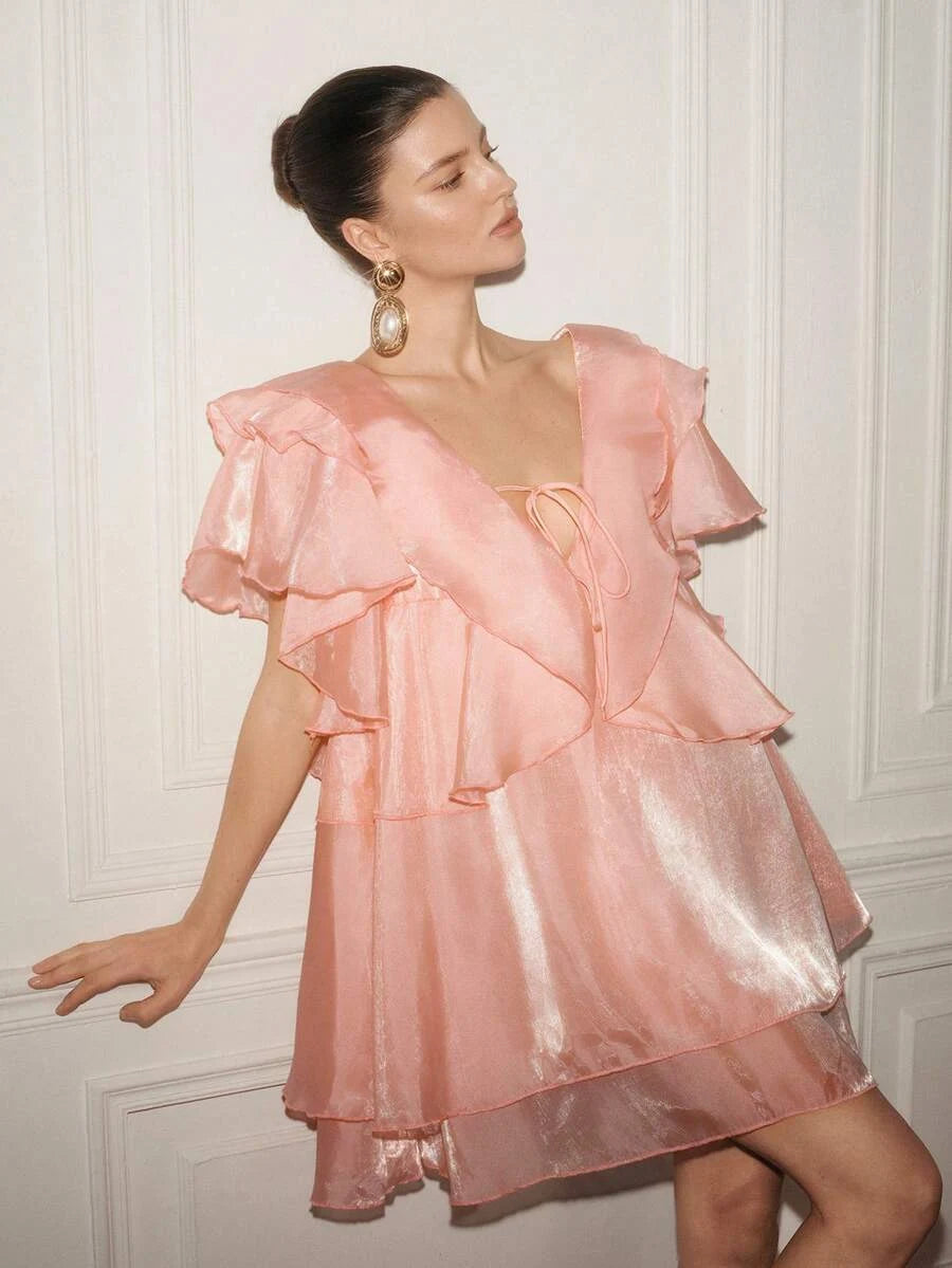 Romantic A-Line V-Neck Ruffle Sleeve Tiered Flowy Pink Short Homecoming Dress