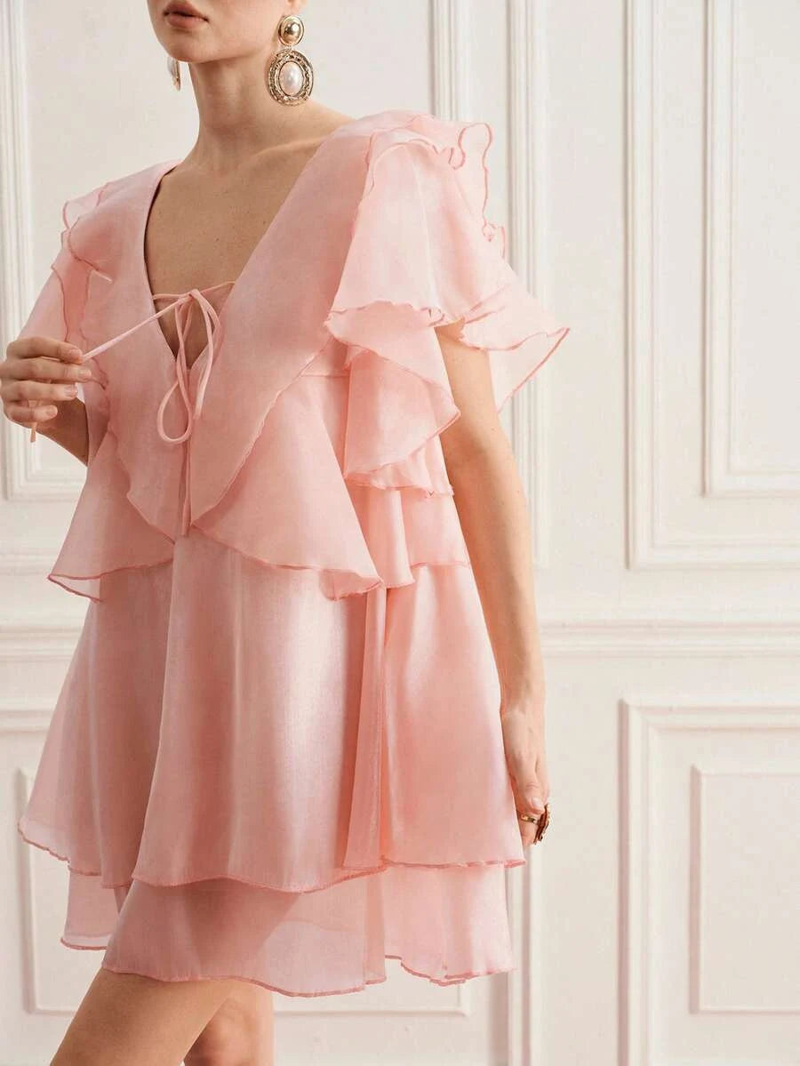 Romantic A-Line V-Neck Ruffle Sleeve Tiered Flowy Pink Short Homecoming Dress