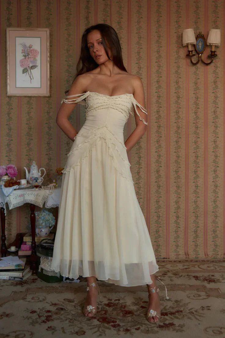 Romantic A-line Strapless Frill Strap Ruffled Chiffon Cream Tea Length Prom Dress