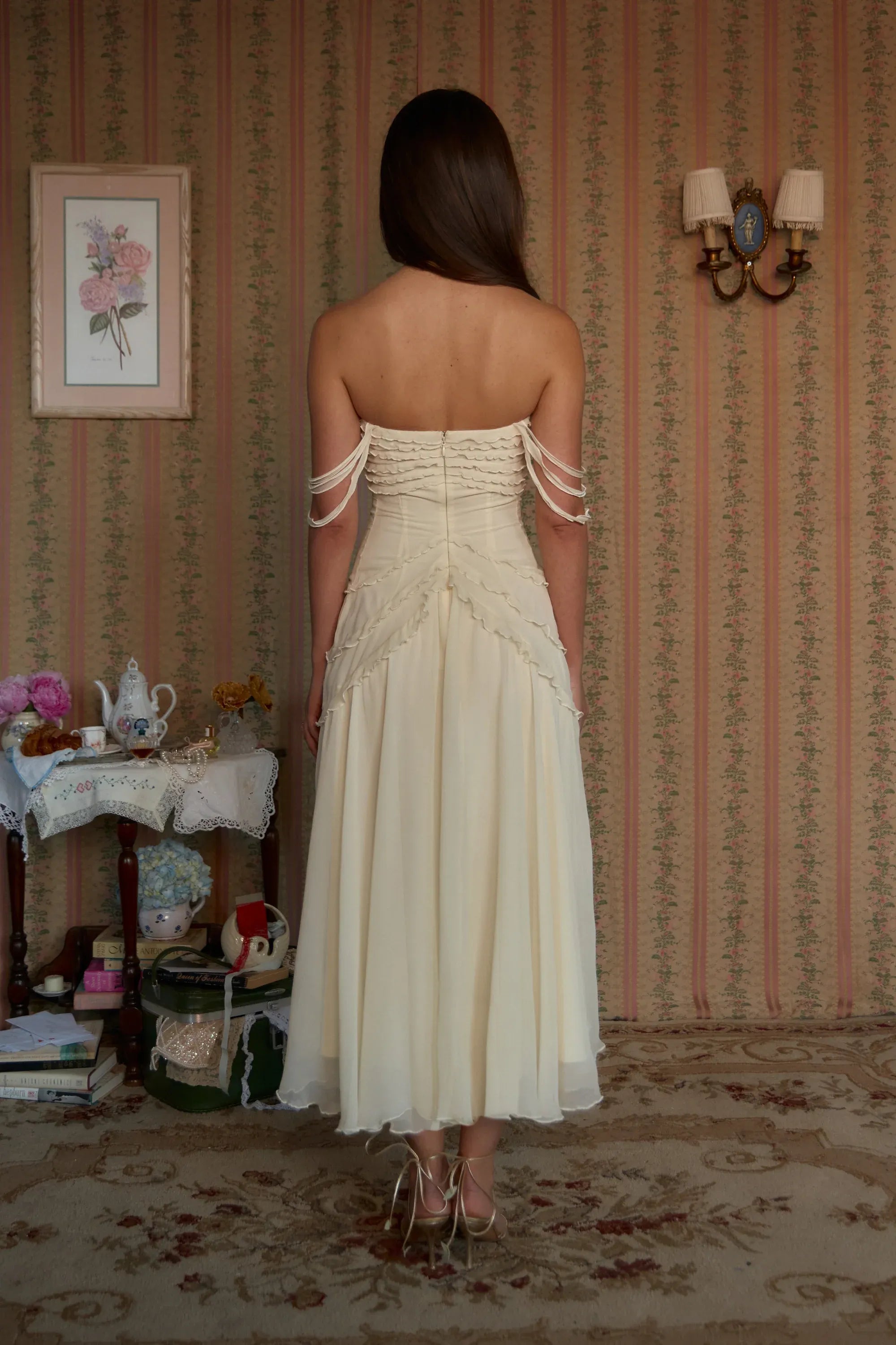 Romantic A-line Strapless Frill Strap Ruffled Chiffon Cream Tea Length Prom Dress