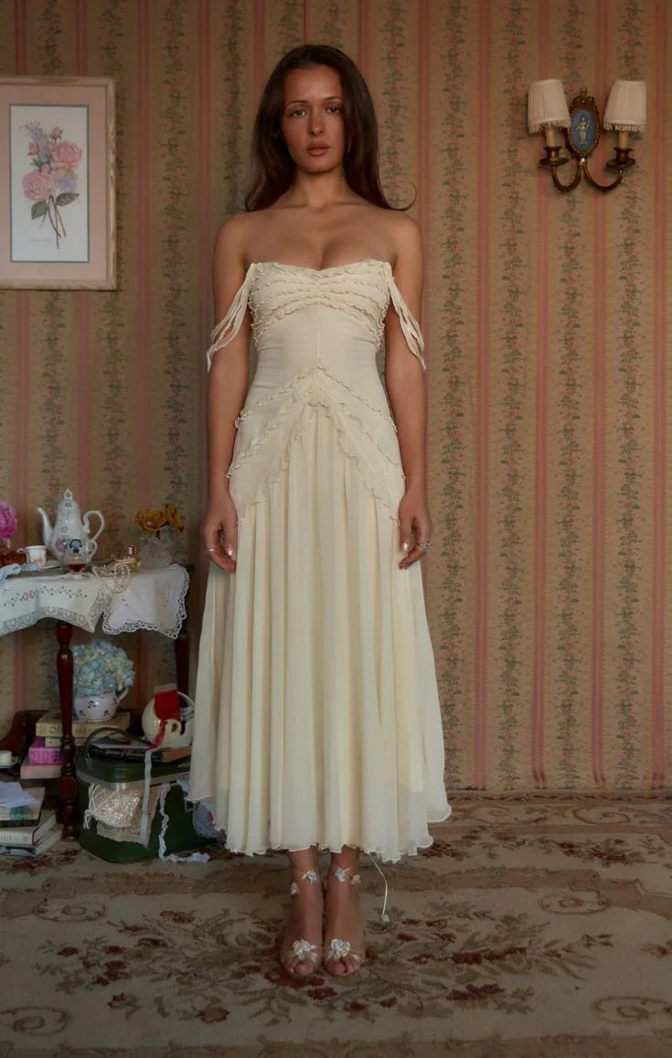 Romantic A-line Strapless Frill Strap Ruffled Chiffon Cream Tea Length Prom Dress