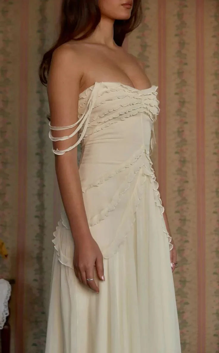 Romantic A-line Strapless Frill Strap Ruffled Chiffon Cream Tea Length Prom Dress