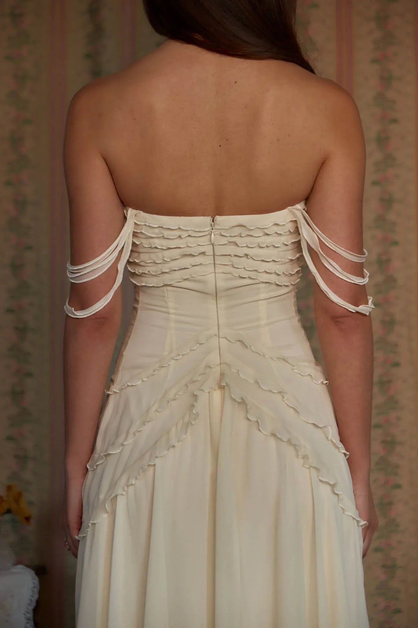 Romantic A-line Strapless Frill Strap Ruffled Chiffon Cream Tea Length Prom Dress