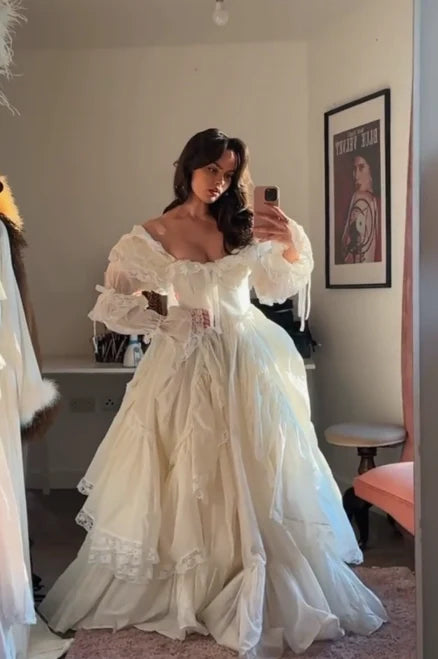 Romantic A Line Off Shoulder Long Sleeve Birthday Dress Princess Lace Ruffle White Train Evening Dress