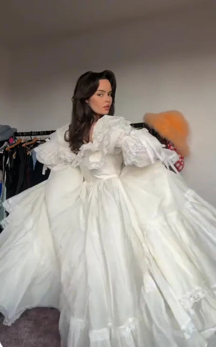 Romantic A Line Off Shoulder Long Sleeve Birthday Dress Princess Lace Ruffle White Train Evening Dress
