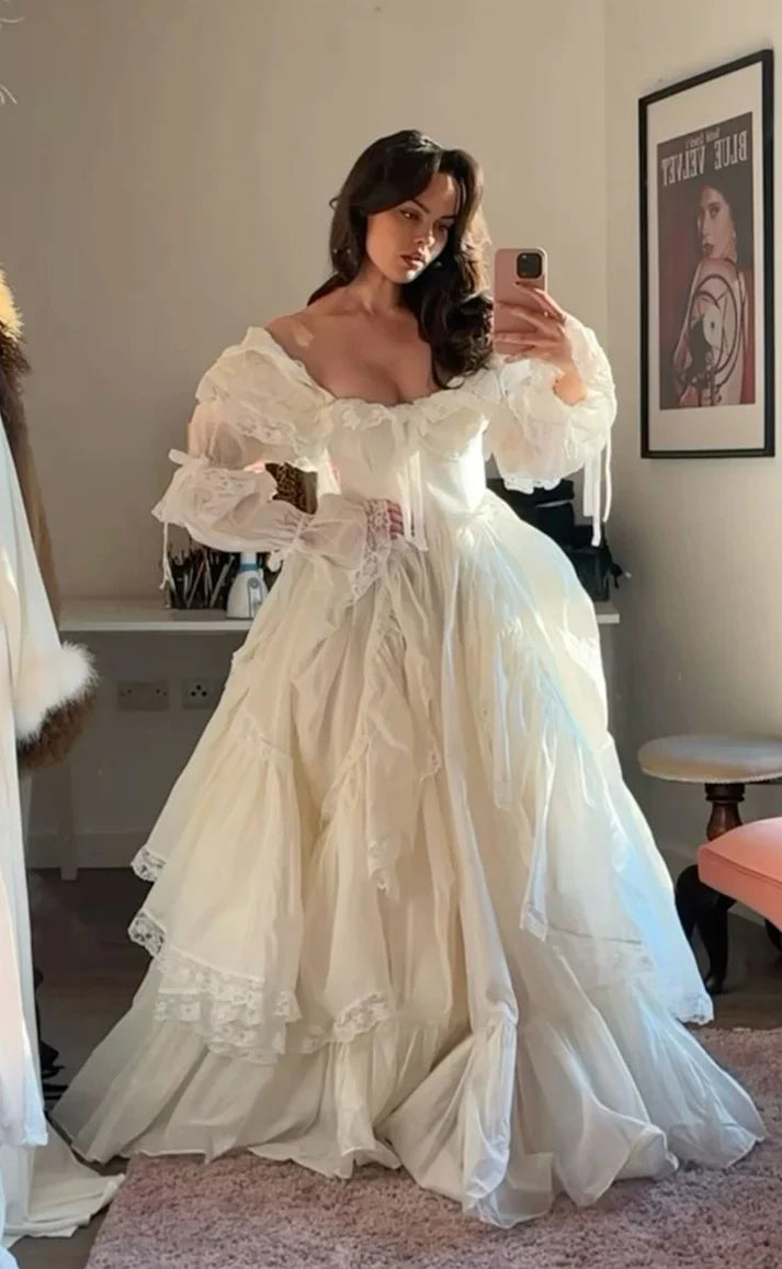 Romantic A Line Off Shoulder Long Sleeve Birthday Dress Princess Lace Ruffle White Train Evening Dress