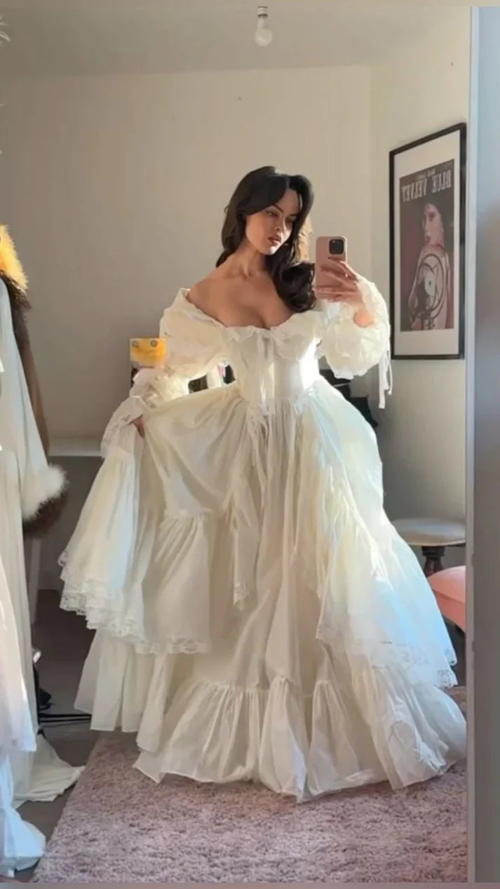 Romantic A Line Off Shoulder Long Sleeve Birthday Dress Princess Lace Ruffle White Train Evening Dress