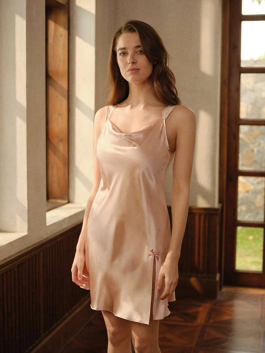 Romantic Sheath Cowl Neck Lace-Trimmed Slit Satin Blush Pink Short Homecoming Dress