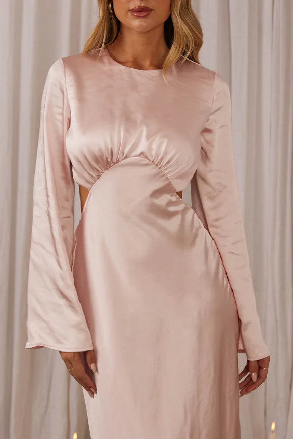 Round Neck Bell Sleeve Cut-Out Blush Midi Evening Dress For Women
