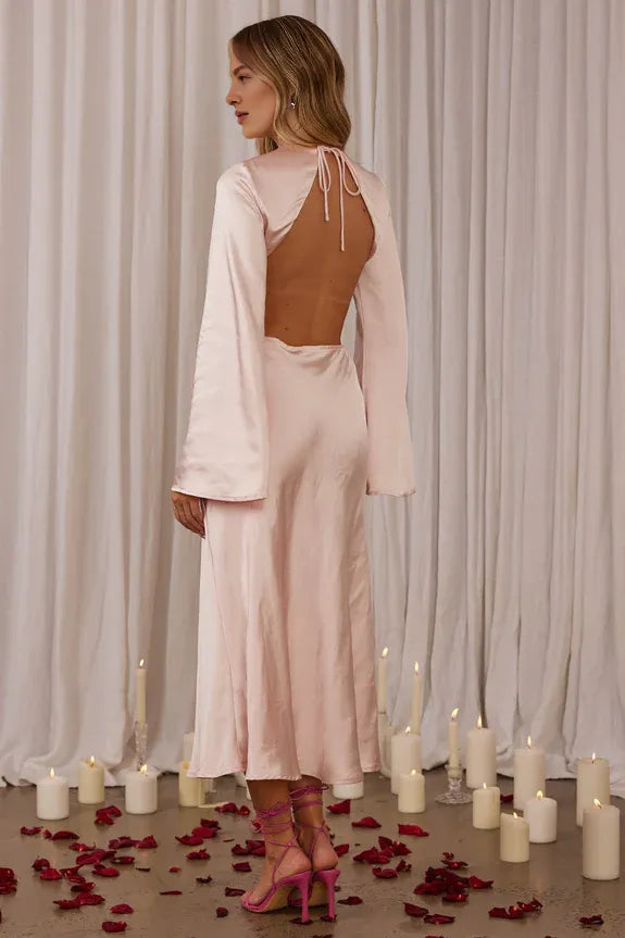 Round Neck Bell Sleeve Cut-Out Blush Midi Evening Dress For Women