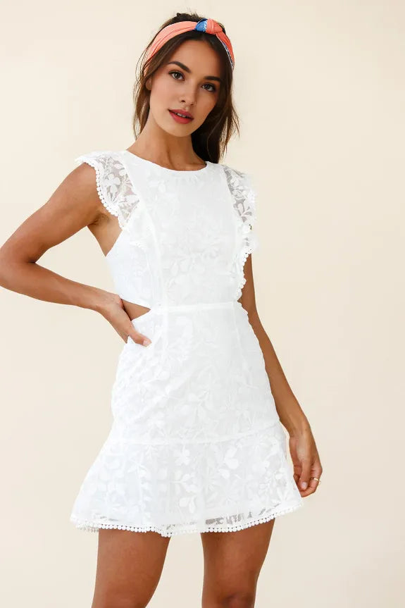 Round Neck Cutout Back Floral Mesh White Homecoming Dress With Flounce Hem