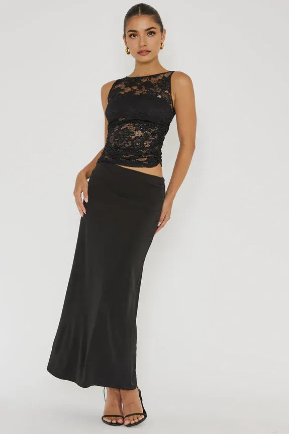 Round Neck Keyhole Tie Ruched Lace Bodice Black Maxi Evening Dress