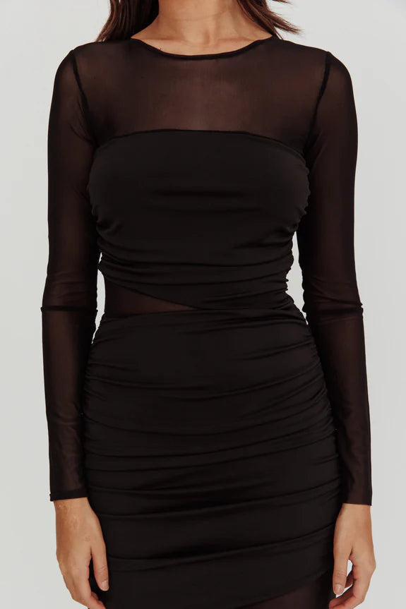 Round Neck Long Sleeves Cutout Mesh Black Maxi Homecoming Dress Prom Dress