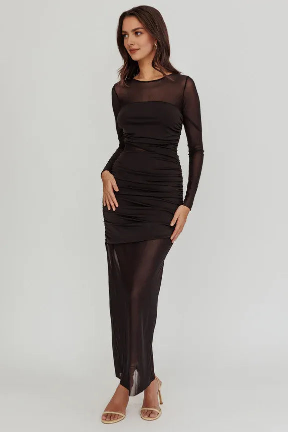 Round Neck Long Sleeves Cutout Mesh Black Maxi Homecoming Dress Prom Dress