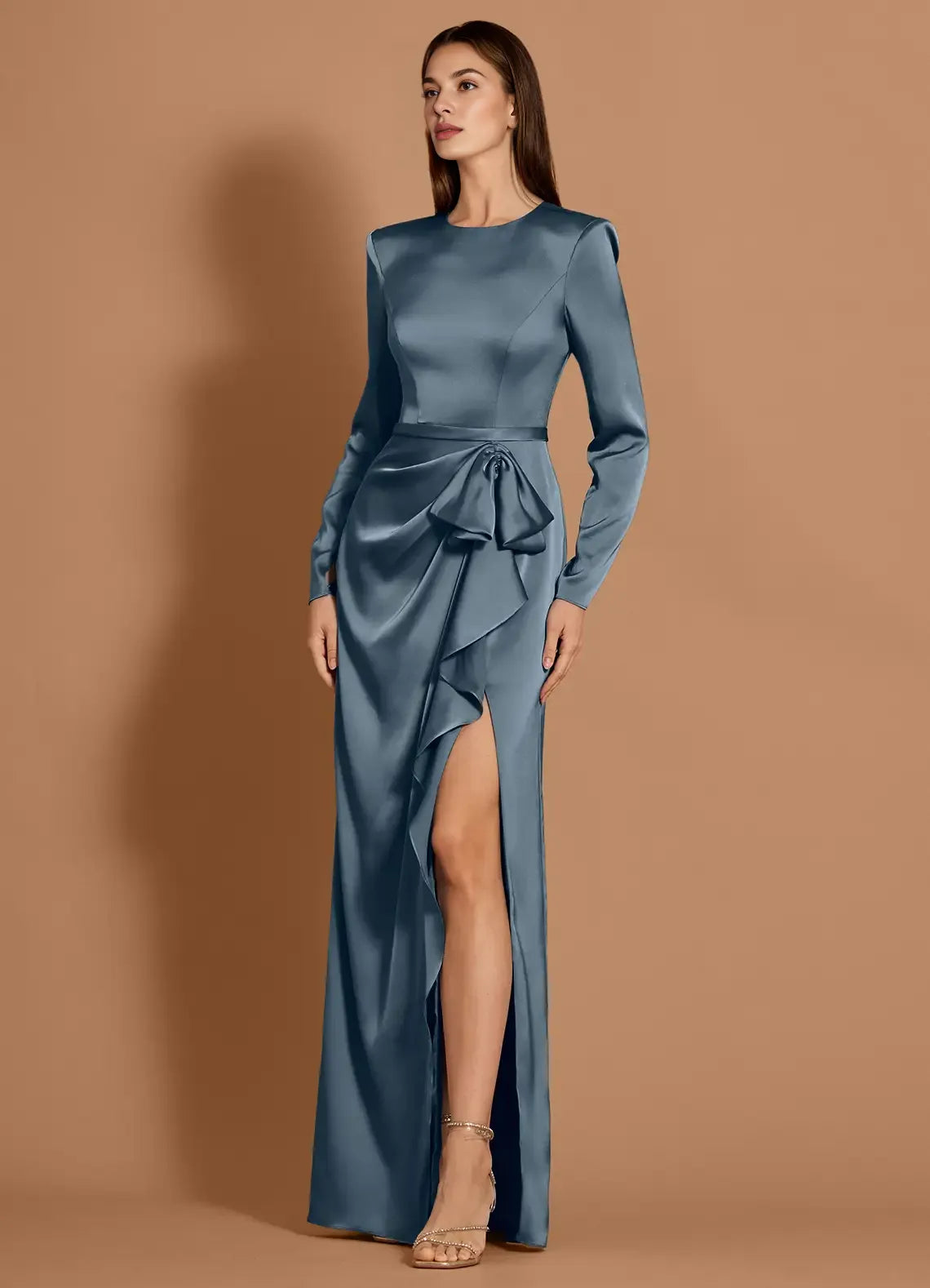 Round Neck Long Sleeves Satin Twilight Maxi Evening Dress With Slit
