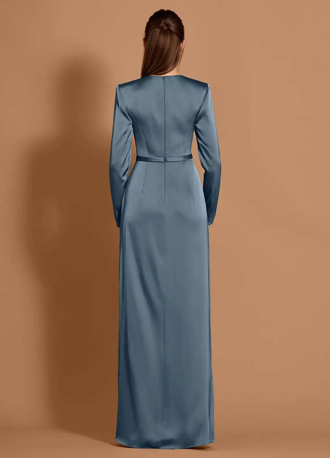 Round Neck Long Sleeves Satin Twilight Maxi Evening Dress With Slit