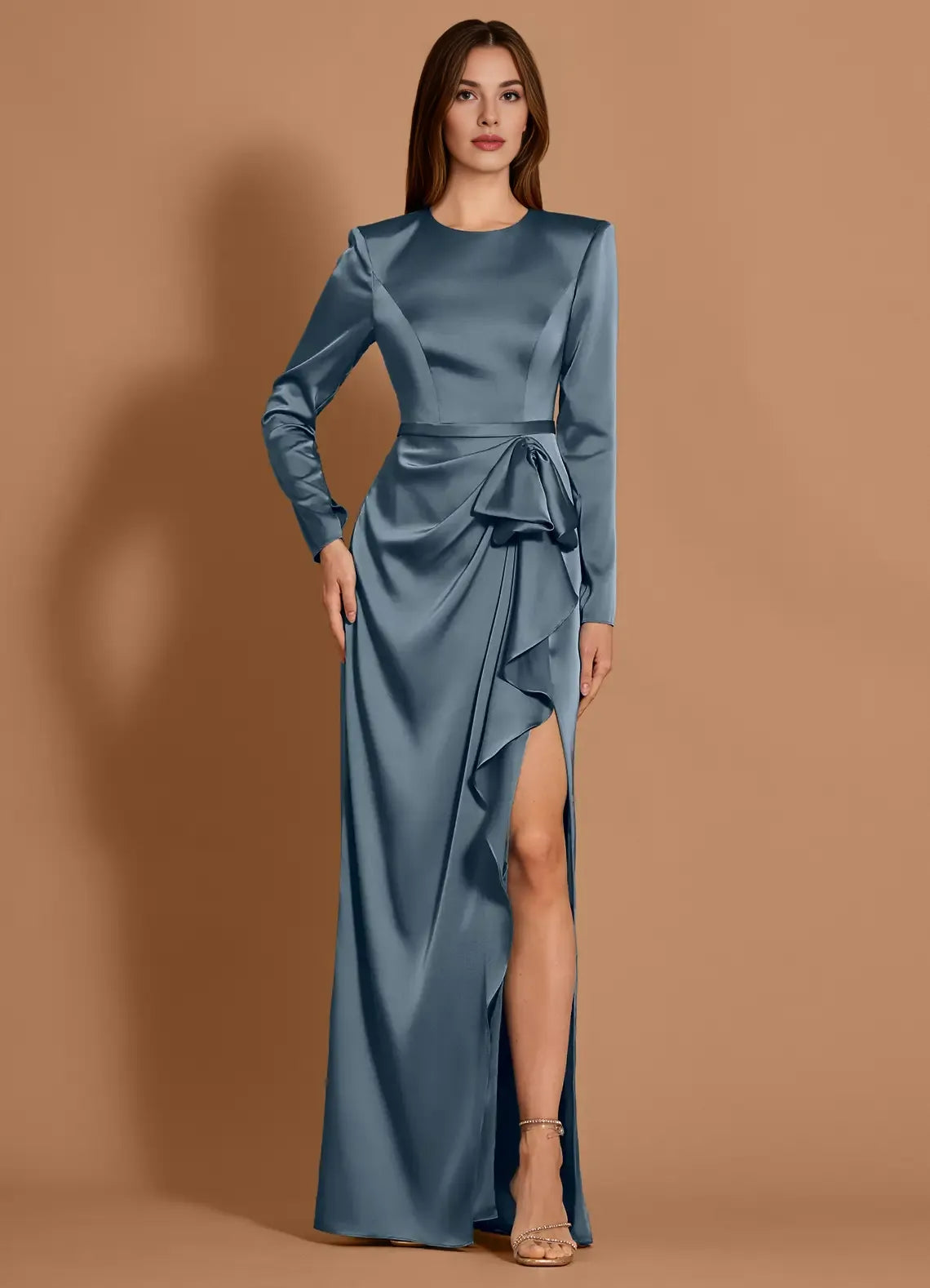 Round Neck Long Sleeves Satin Twilight Maxi Evening Dress With Slit