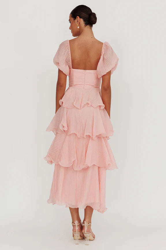 Square Neck Puff Sleeve Layered Baby Pink Maxi Homecoming Dress Prom Dress