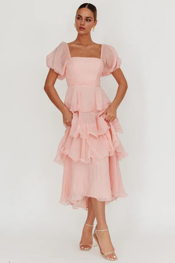 Square Neck Puff Sleeve Layered Baby Pink Maxi Homecoming Dress Prom Dress