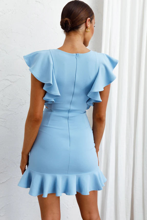 Round Neck Ruffle Shoulder Bodycon Baby Blue Short Homecoming Dress