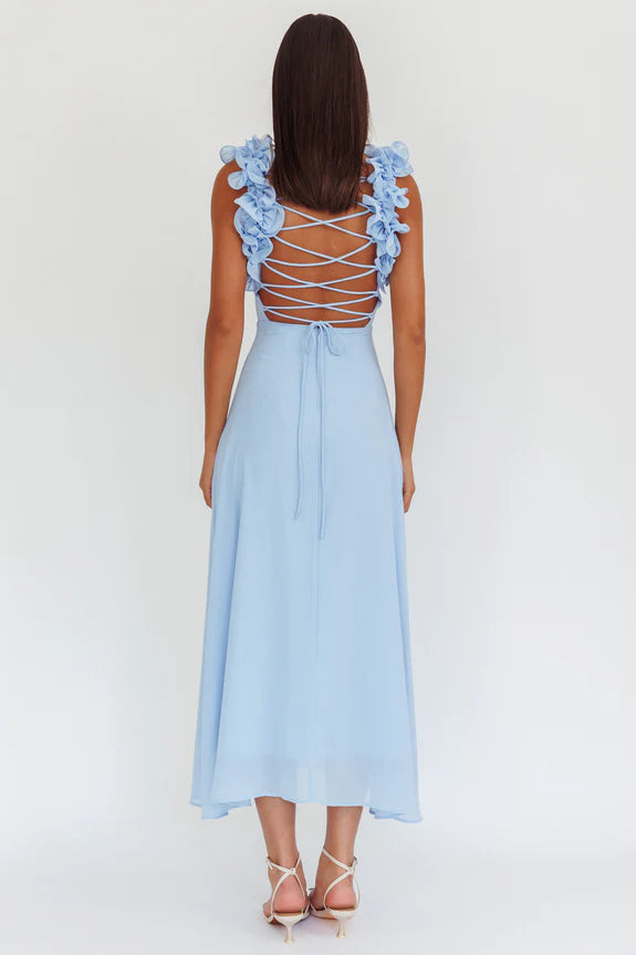 Round Neck Ruffle Straps Lace-Up Back Blue Maxi Homecoming Dress Prom Dress