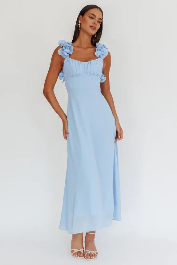 Round Neck Ruffle Straps Lace-Up Back Blue Maxi Homecoming Dress Prom Dress