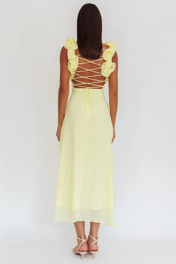Round Neck Ruffle Straps Lace-Up Back Yellow Maxi Homecoming Dress Prom Dress