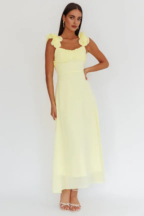 Round Neck Ruffle Straps Lace-Up Back Yellow Maxi Homecoming Dress Prom Dress