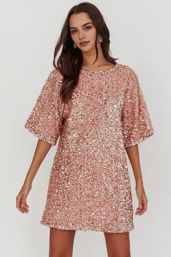 Round Neck Short Sleeves Backless Sequin Baby Pink Short Homecoming Dress