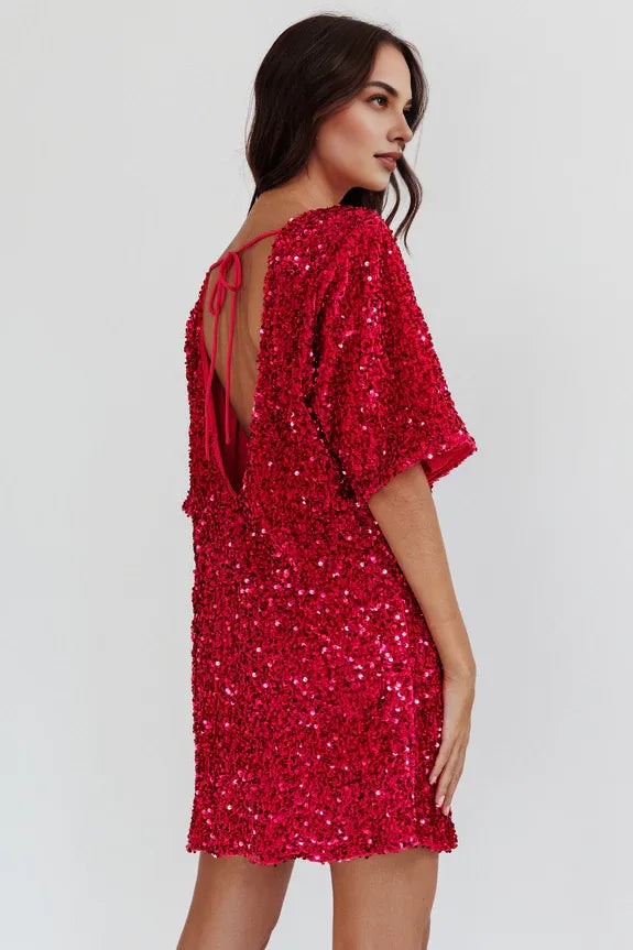 Round Neck Short Sleeves Backless Sequin Fuchsia Short Homecoming Dress