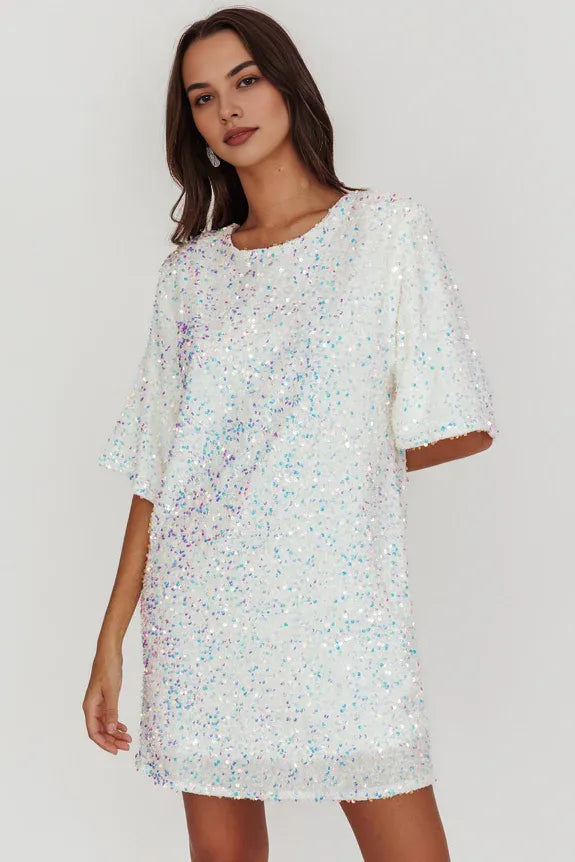 Round Neck Short Sleeves Backless Sequin White Short Homecoming Dress