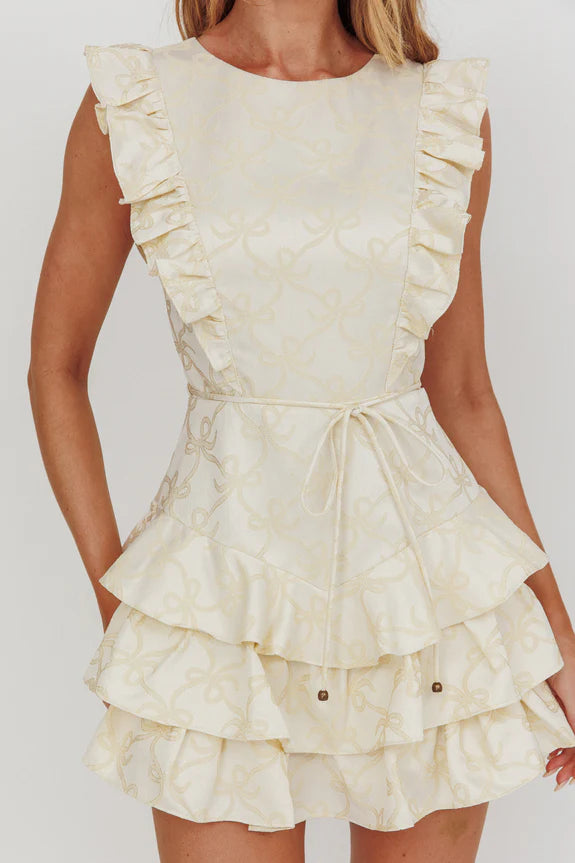 Round Neck Sleeveless Tie Ruffle Layered Jacquard Butter Homecoming Dress
