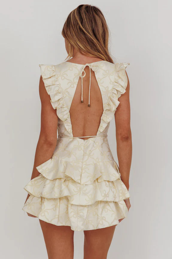 Round Neck Sleeveless Tie Ruffle Layered Jacquard Butter Homecoming Dress