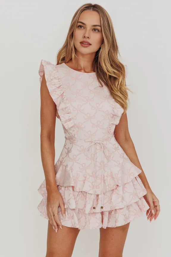 Round Neck Sleeveless Tie Ruffle Layered Jacquard Pink Homecoming Dress