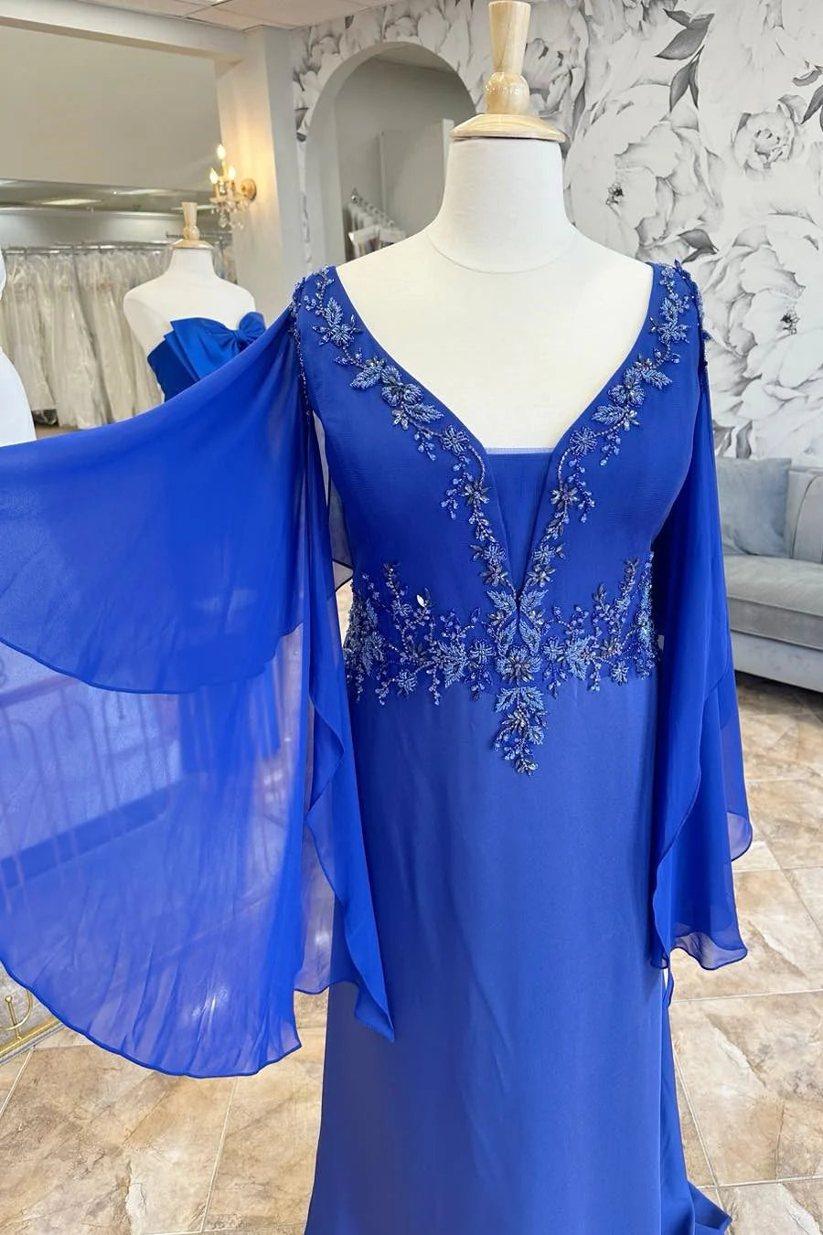 Royal Blue Chiffon Beaded Tiered Sleeves Floor Length Mother's Gown With Embroidery