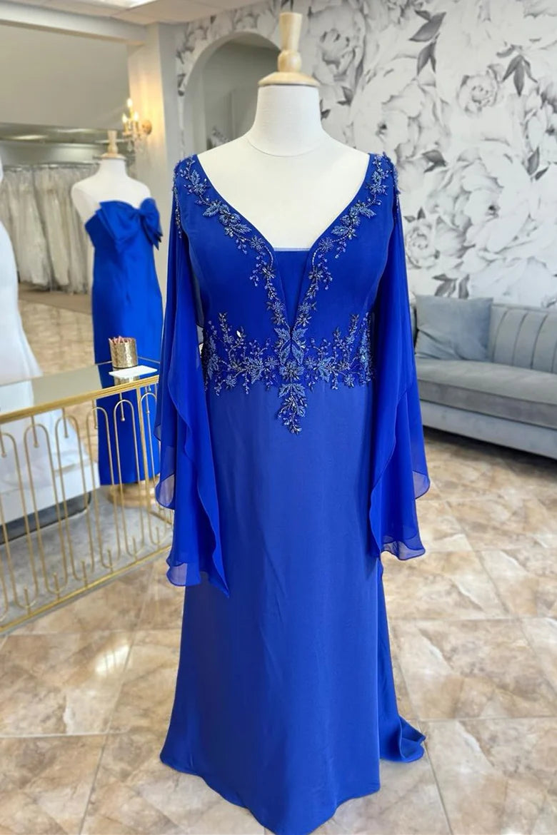 Royal Blue Chiffon Beaded Tiered Sleeves Floor Length Mother's Gown With Embroidery
