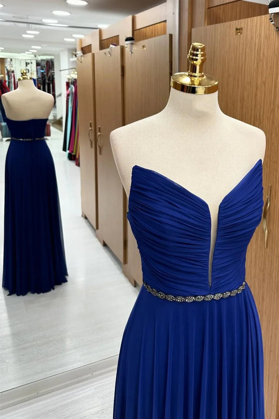 Royal Blue Chiffon Deep V Neck Strapless Bridesmaid Dresses With Beaded Sash